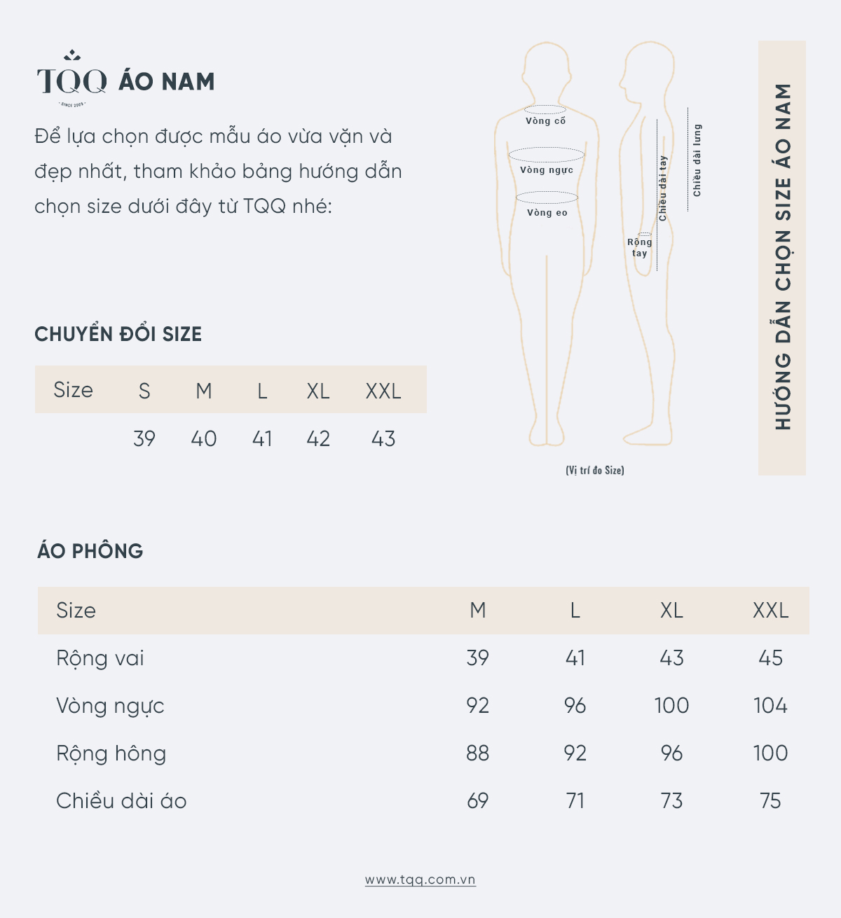 Bảng số đo size áo nam body Super Slimfit của TQQ